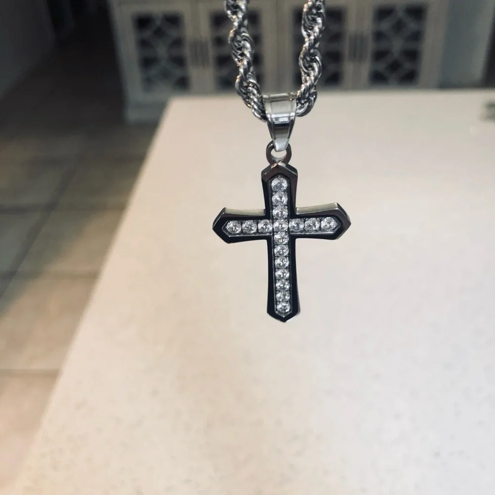 Stainless steel necklace large cubic zirconia cross w/ rope chain